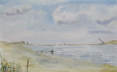1987-1385 Uitzicht op het Brielse Meer, aan de horizon de Brielse Maasdam waar met behulp van kraanwerktuigen de ...