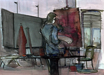 1987-1520 Interieur: atelier in het schoolgebouw aan de Pootstraat. Kunstschilder aan het werk.