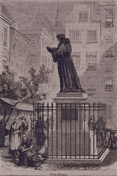 1987-1673 Het standbeeld van Erasmus op de Grotemarkt. Marktscénes rondom het beeld.