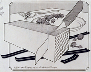 1987-2646-1 Een nieuwbouwflat wordt met een broodmes in plakjes gesneden. Op de achtergrond worden bomen met een vork ...