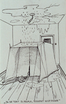 1987-2654-2 Een armoedige kamer met lekkage, in het midden staat een tent opgesteld met daarvoor een telefoon. Onder de ...