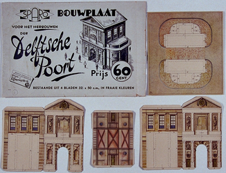 1989-2067 Bouwplaat voor het herbouw van de Delftse Poort, met 4 bladen en de handleiding. De grotendeels uitgeknipt, ...