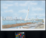 1995-1302 De bouw van de Erasmusbrug over de Nieuwe Maas. De pyloon van de brug.Op de voorgrond de Wilhelminakade, op ...