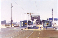 1999-55 De Willemskade met tramhalte, in- en uitgang van metrostation Wilhelminaplein. Op de achtergrond links de Rijnhaven.