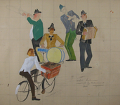 2000-1003-EN-1004 Karikatuur van een slagersjongen die op de fiets een groepje muzikanten passeert, bestaande uit een ...