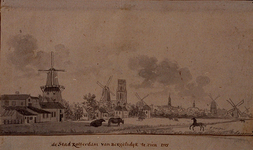 III-65 De stad Rotterdam van de Beugelsdijk te zien 1758.Achterzijde Schiekade en de molens aan de westzijde van de stad.