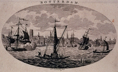 III-96 Maasgezicht met profiel van Rotterdam op de achtergrond. In het midden vooraan de veerpont van Rotterdam op ...