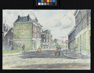 IX-1961-18 De Meermanstraat tussen Dirk Smitsstraat (voorgrond) en Van der Werffstraat (hoek midden). Op de achtergrond ...