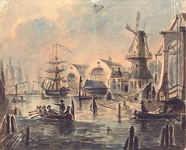 RI-1120 's Rijks Marine werf 1847 Loodsen van de Marinewerf aan het Boerengat, rechts de Rooleeuwmolen en de Oude ...