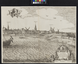 RI-116-D Vierde blad van een vierbladig gezicht op rotterdam over de Maas. Links het koor van de Laurenskerk en de ...