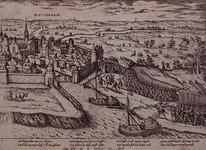 RI-1226 9 april 1572. Overweldiging van Rotterdam door de graaf van Bossu en zijn Spaanse soldaten. Gezicht op het ...