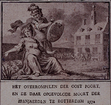 RI-1229-2 9 april 1572Zinnebeeldige voorstelling van de verovering van Rotterdam door de Spanjaarden. Op de achtergrond ...