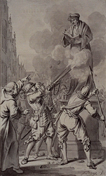 RI-1231B 9 april 1572.Spanjaarden beschieten het standbeeld van Erasmus op de Groote Markt.