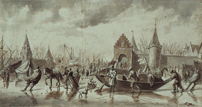 RI-1239 IJsvermaak op de Maas anno 1575. Op de achtergrond de Sint Laurenspoort.