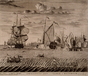 RI-1286-1 `Kon. Willems schip den Briel en 't Admiraliteits Jacht voor 't Oude Hoofd van Rotterdam afvarende.' Gezicht ...