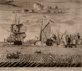 RI-1286-1 `Kon. Willems schip den Briel en 't Admiraliteits Jacht voor 't Oude Hoofd van Rotterdam afvarende.' Gezicht ...