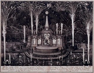 RI-1304 14 juni 1713Theater en vuurwerk van de Admiraliteit van de Maze, ter gelegenheid van de viering van de Vrede ...