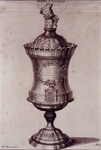 RI-1310 Afbeelding van een drinkbeker van metaal die in juli 1733 door de burgemeester van de stad Leiden gegeven werd ...