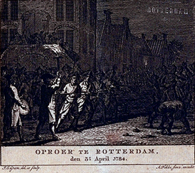 RI-1371-1 3 april 1784De 9de Schutterscompagnie onder leiding van luitenant Van Zwijndregt verweert zich voor het ...