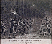 RI-1371-2 3 april 1784De 9de schutterscompagnie verweert zich voor het stadhuis tegen steenworpen van de orangistische ...