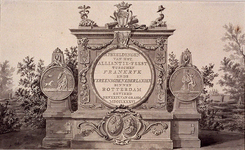 RI-1413-1 24 april 1786Titelpagina voor het Alliantiefeest.Op de linker medaille: een bedrukte Nederlandse maagd met ...