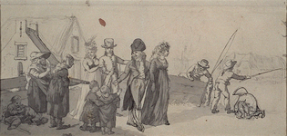 RI-1493-9 Dames en heren (Franse militairen) passeren een boerenfamilie.