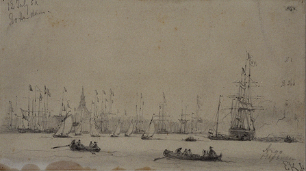 RI-1593 12 juli 1854Gezicht met schepen op de Nieuwe Maas tijdens het muziekfeest ter gelegenheid van het 25-jarig ...