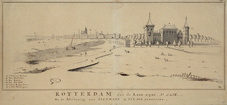 RI-182 Gefantaseerde voorstelling van een panorama van Rotterdam, aan de landzijde in 1426, met het Hof van Weena. In ...
