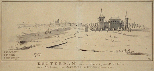 RI-182 Gefantaseerde voorstelling van een panorama van Rotterdam, aan de landzijde in 1426, met het Hof van Weena. In ...