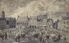 RI-255 Een Dingsdagmarkt op de Nieuwemarkt, omstreeks het jaar 1800. Midden links de Prinsenkerk, rechts daarvan het ...