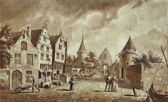 RI-561 Gezicht op de Mandemakerssteeg en de St. Laurenspoort, gezien vanaf de Toerijstuin omstreeks 1560.