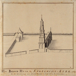 RI-771 Het Bosch-huis en de Engelse kerk. Ao 1625. Na de afteekening van Alkemade & van der Schelling. Hoogstraat, ...