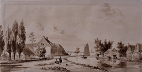 RISCH-144 Gezicht aan den Rijweg, bij de Schans, onder Overschie, met de houtloodsen van de Zusjes aan den overkant in 1860