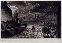 RISCH-177 14 november 1775Overstroming sluis te Delfshaven.Aelbrechtskolk met op de voorgrond de sluis waar het water ...