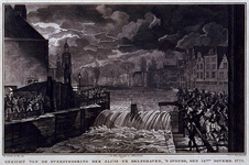 RISCH-177-3 14 november 1775Overstroming sluis te Delfshaven.Aelbrechtskolk met op de voorgrond de sluis waar het water ...