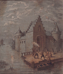 V-0-01 De St. Laurenspoort, aan de Oudehaven, ca. 1400.