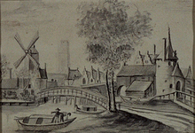 V-108-1 Gezicht op de Hofpoort, Galerijbrug en de Blauwe molen (?) c. 1650