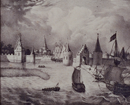 V-2-01 Gezicht op de Sint-Laurenspoort bij de Oudehaven rond 1560.