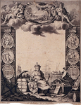 VII-301 Titelblad met allegorische voorstellingen.Gezicht op de Maas met het Oude Hoofd uit het oosten.Op de allegorie ...