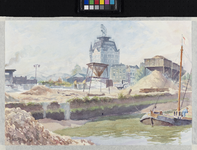 VII-389-24-11 Gezicht op het laatste ongedempte stuk van de Nieuwehaven met zandopslagplaatsen met het Witte Huis op de ...
