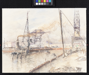 VII-460-05-1 Gezicht op de Rijnhaven tijdens het herstel van de kademuren. In de haven heerst veel bedrijvigheid: ...