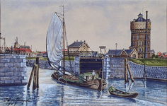 VII-470-01 Schiemond met de Ruigeplaatsluis en rechts de watertoren, uit het westen gezien.
