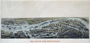 VII-80 Gezicht op Rotterdam in vogelvlucht met het zuidelijk stadsdeel op de voorgrond. Daarin links de Dokhaven, in ...