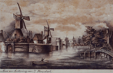 VIII-117 Gezicht op de ingang de Botersloot, het bolwerk Pompenburg en de vestmuur tot aan de Hofpoort en Couwenburgs ...