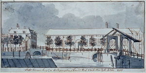 XII-118-00-01 Stadstimmerhuis en de ingang van 's Lands werf van de overzijde te zien anno 1758.Het Haringvliet aan de ...