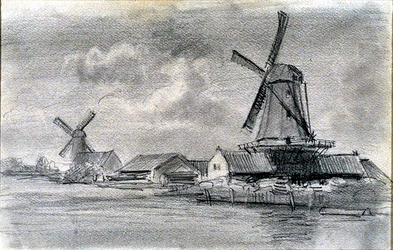 XVI-62-01 Molens de Vlaggeman en de Haan aan de Rotterdamse Schie, uit het zuidoosten.