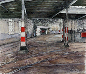 XVII-85-00-11 Het interieur van de remise Delfshaven, geen trams zijn erin. Gezien van de ingang aan de zijde van het ...