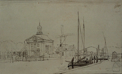 XVIII-237 De Episcopaalse kerk, Saint-Mary's Church, aan het Haringvliet. Rechts: molen de Roode Leeuw en de Nieuwe Oostbrug.