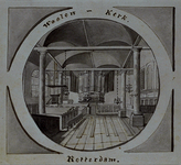 XVIII-254 Interieur van de Waalse Kerk, het orgel en de preekstoel, in medaillonvorm.