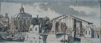 XVIII-283 Gezien vanaf de Noordblaak, de Lutherse Kerk en de Keizersbrug, 6 augustus 1759.